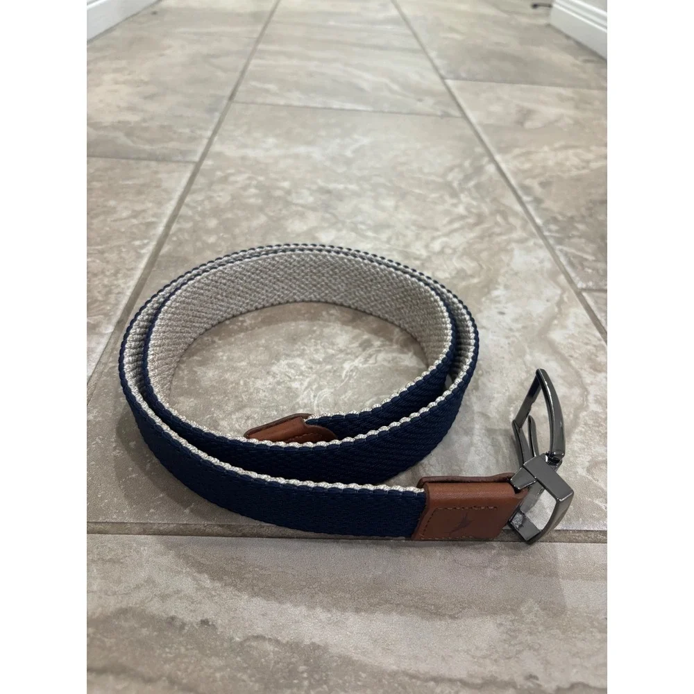 Tommy Bahama Mens Reversible Braided Belt Navy Tan Leather Trim Size S/M‎